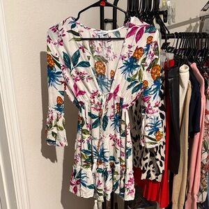 Blue Rain White Floral V-Neck Smock Tunic with Multicolor Blooms